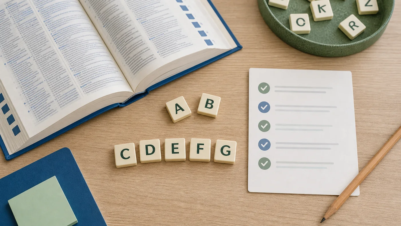 lettres de jeu, dictionnaire ouvert et checklist de validation linguistique