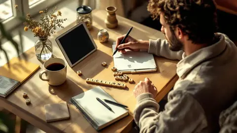 Joueur de Scrabble réfléchissant à une table en bois avec carnet, tuiles et tablette éteinte.