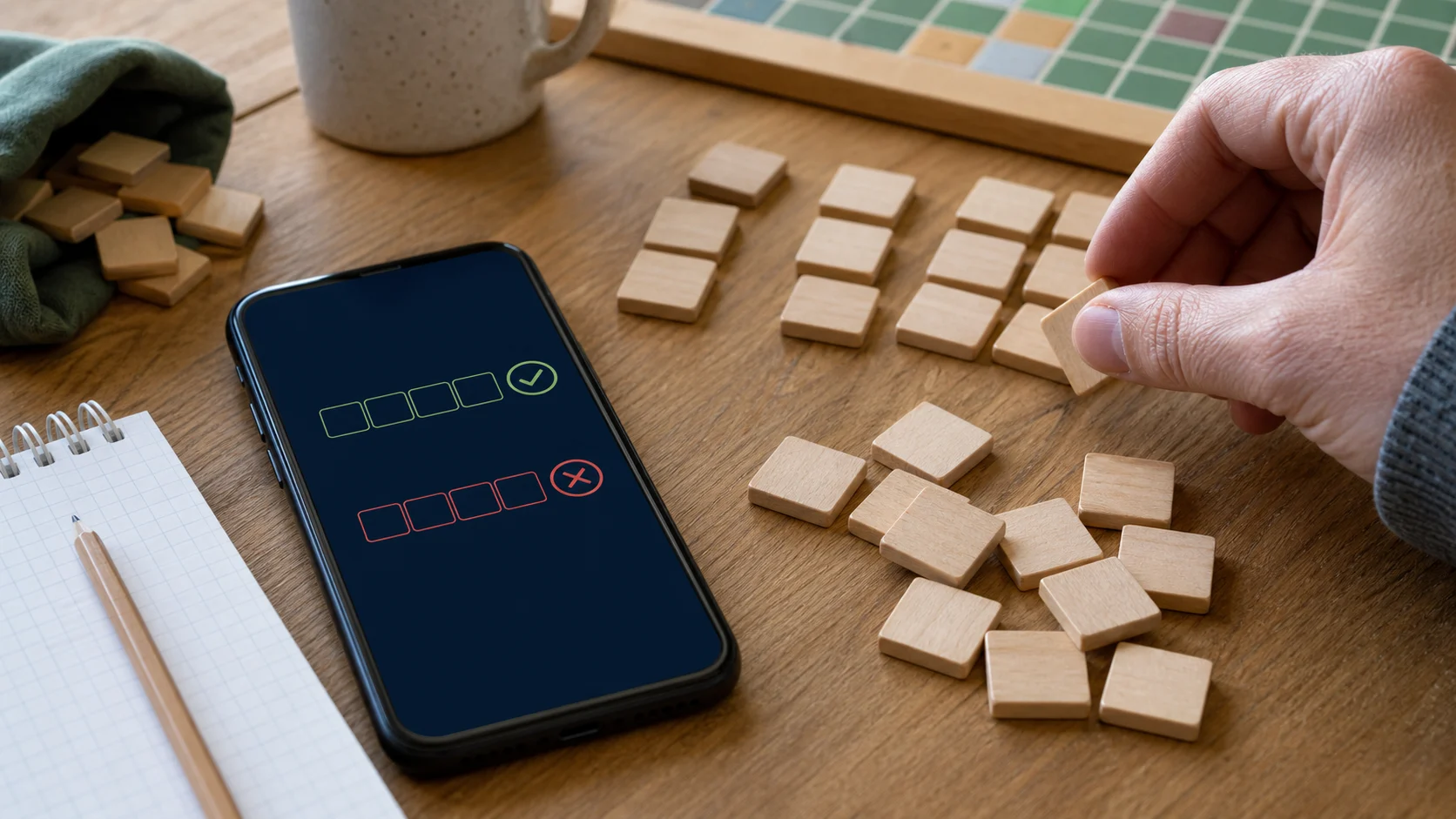 Validation abstraite de mots avec tuiles en bois sans lettres sur smartphone