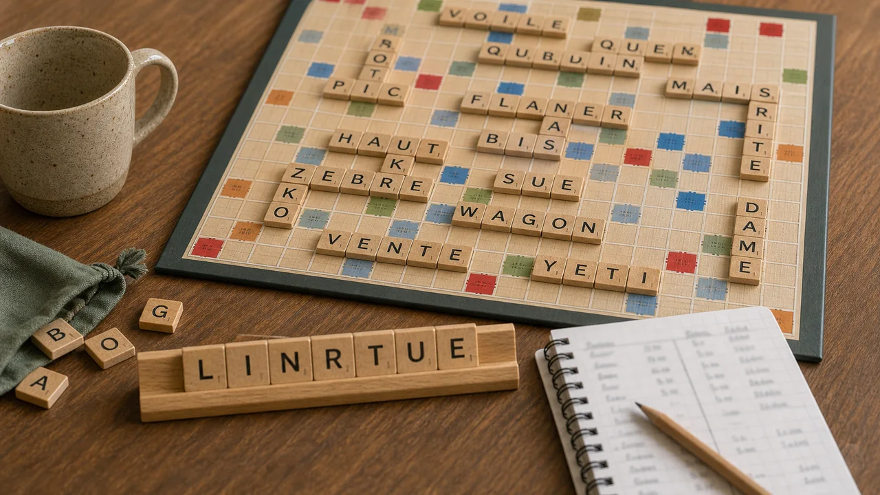 Lecture de plateau de jeu de lettres avec chevalet et feuille de score