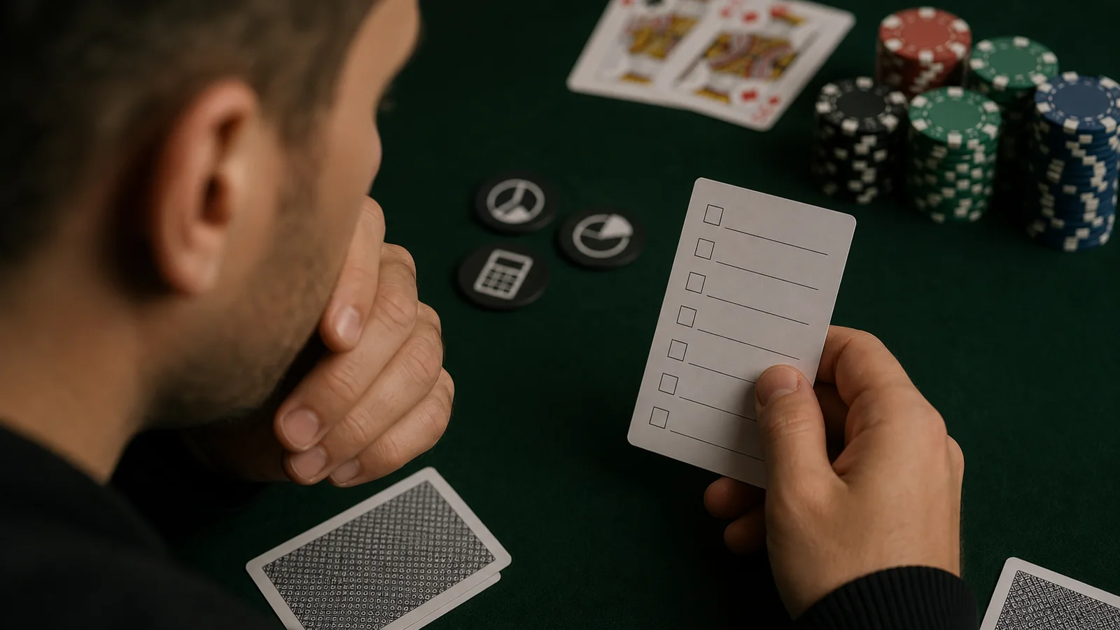 Joueur analysant une main de poker avec une checklist