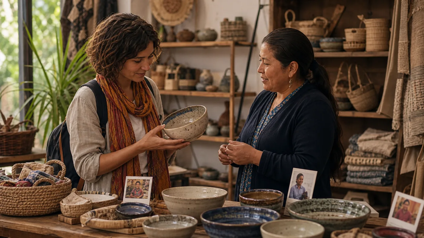 Achat d’un objet artisanal dans une petite boutique coopérative