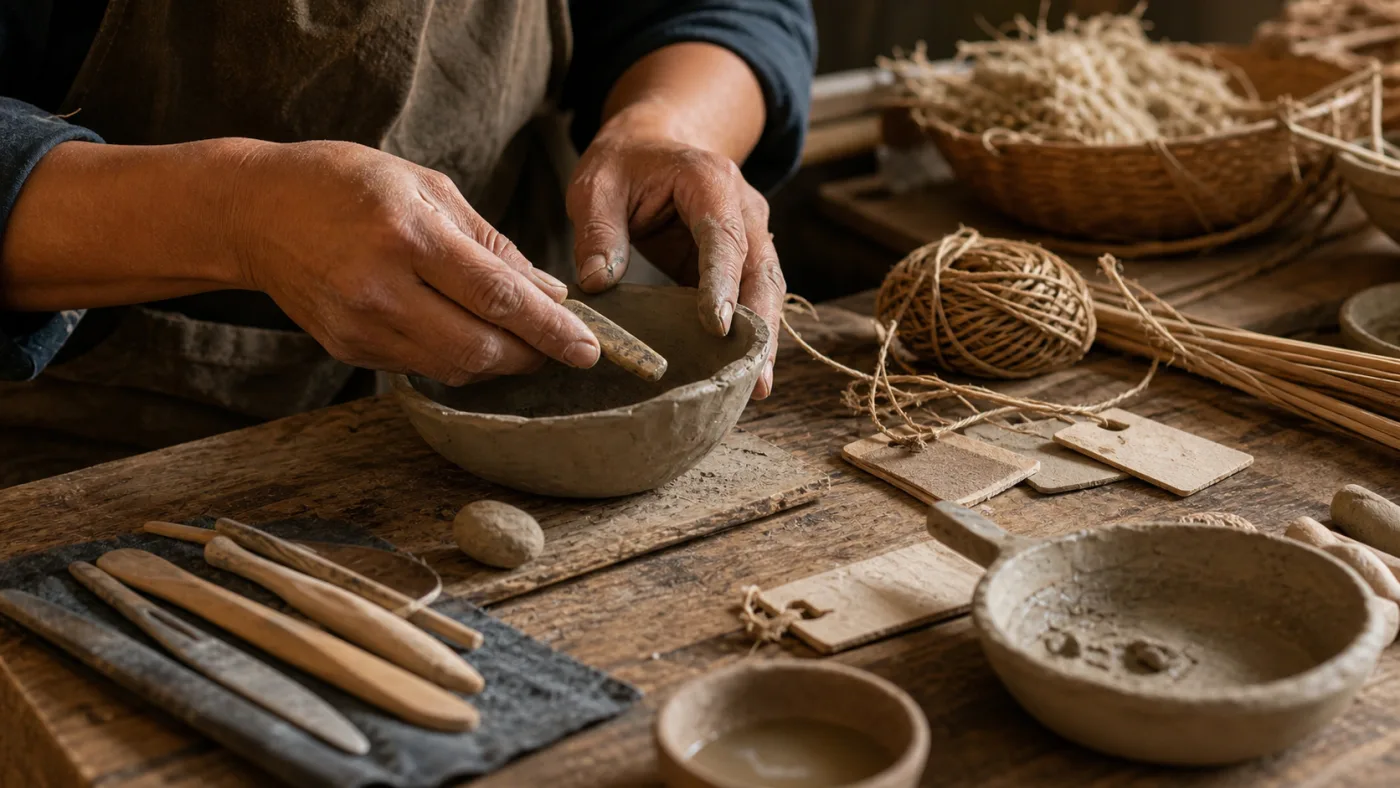 Mains artisanes travaillant une matière naturelle avec des outils simples
