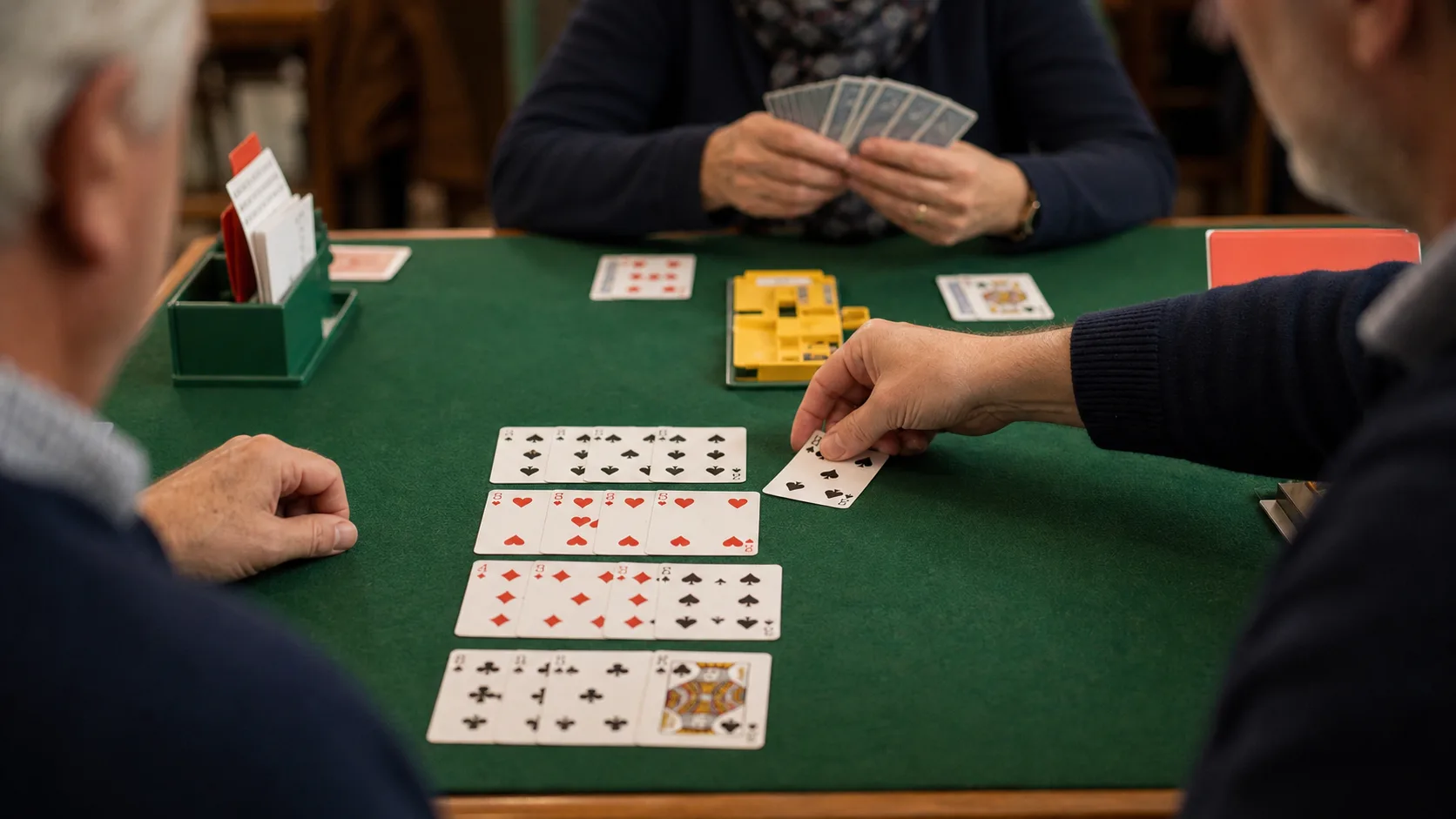 Main du mort visible sur une table de bridge pendant le jeu de la carte