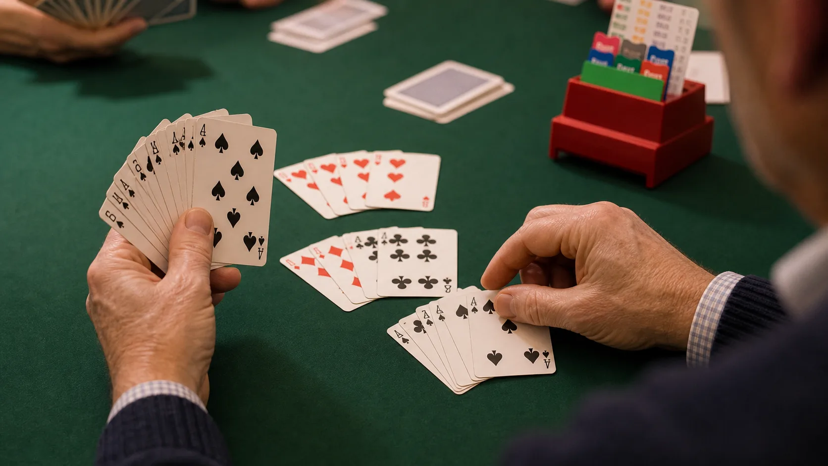 Joueur de bridge organise sa main par couleur avant les enchères
