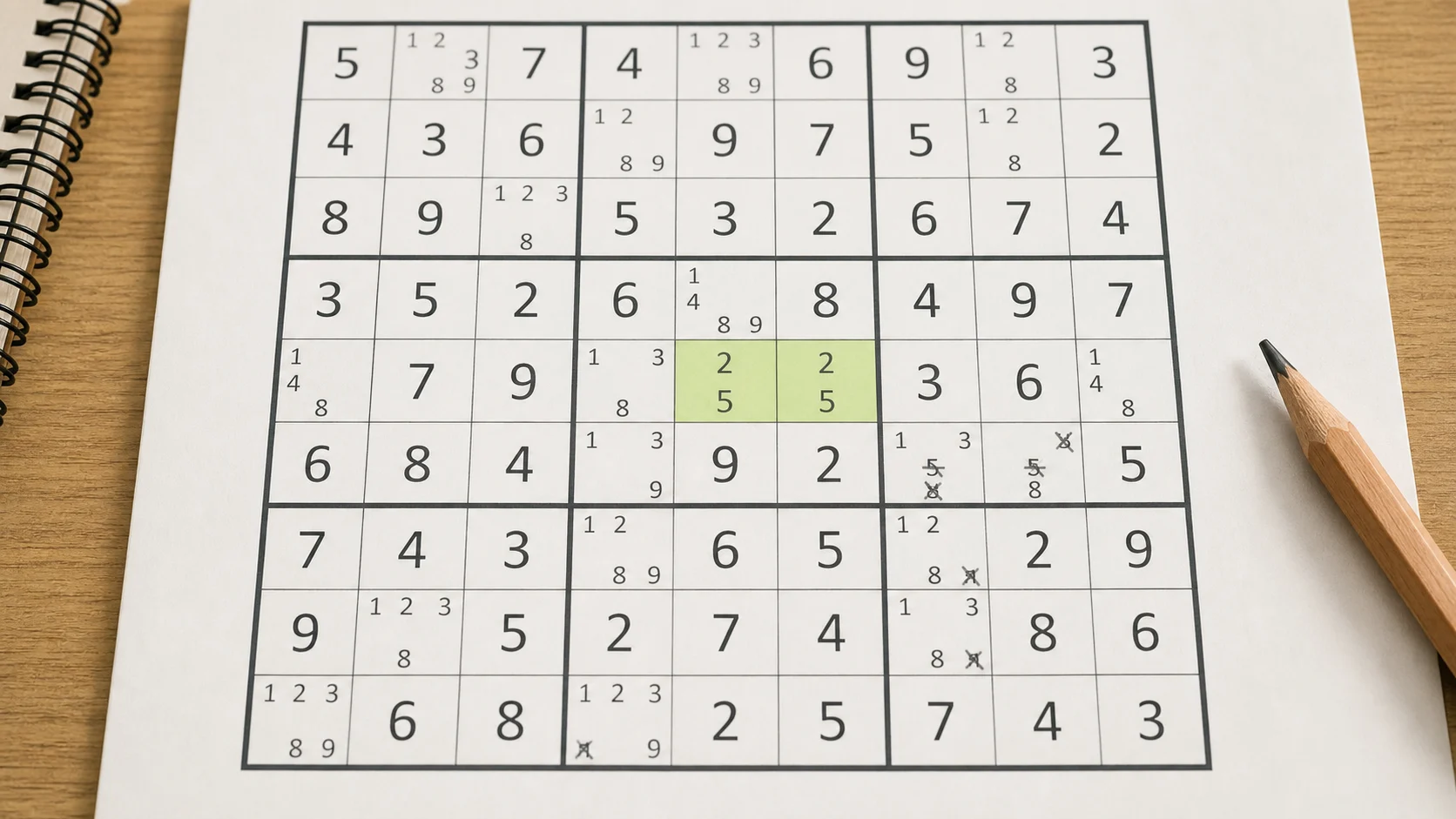 grille de sudoku avec candidats et paire logique surlignée