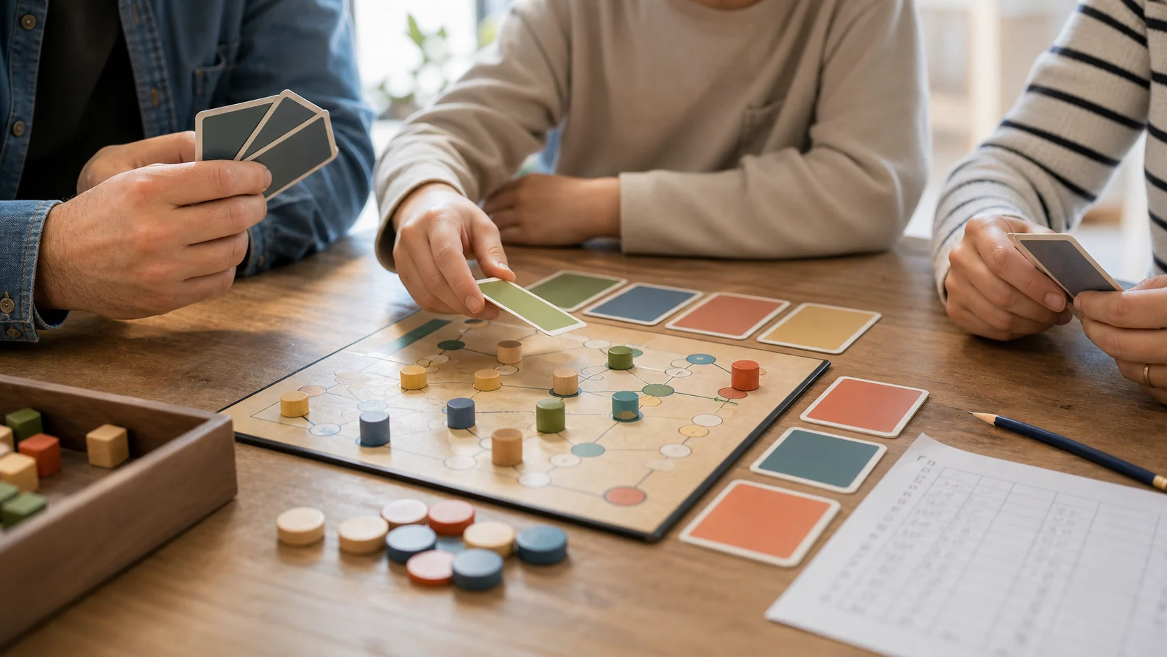 Mains de joueurs autour d'un jeu de plateau générique avec cartes et pions