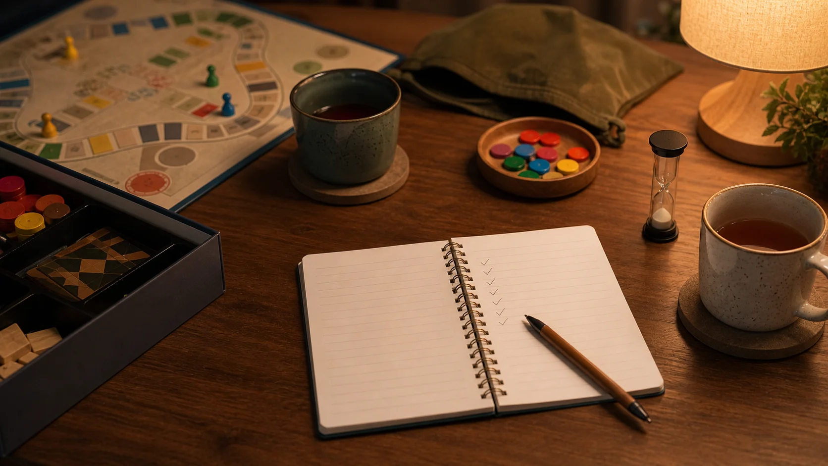 Carnet de débrief et jeu de plateau rangé après une partie