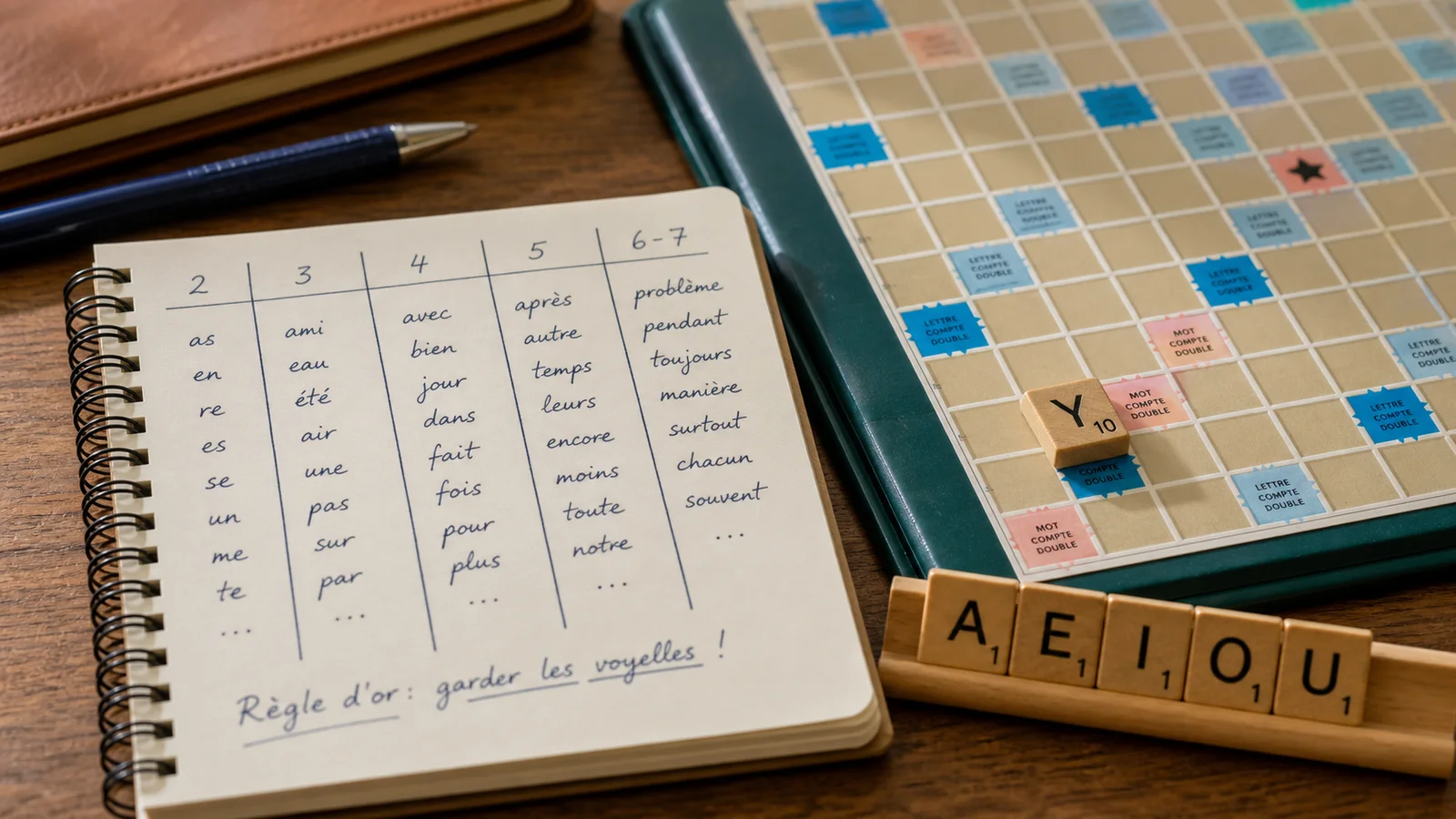 Carnet de listes de mots courts avec une tuile Y pour préparer une partie de Scrabble