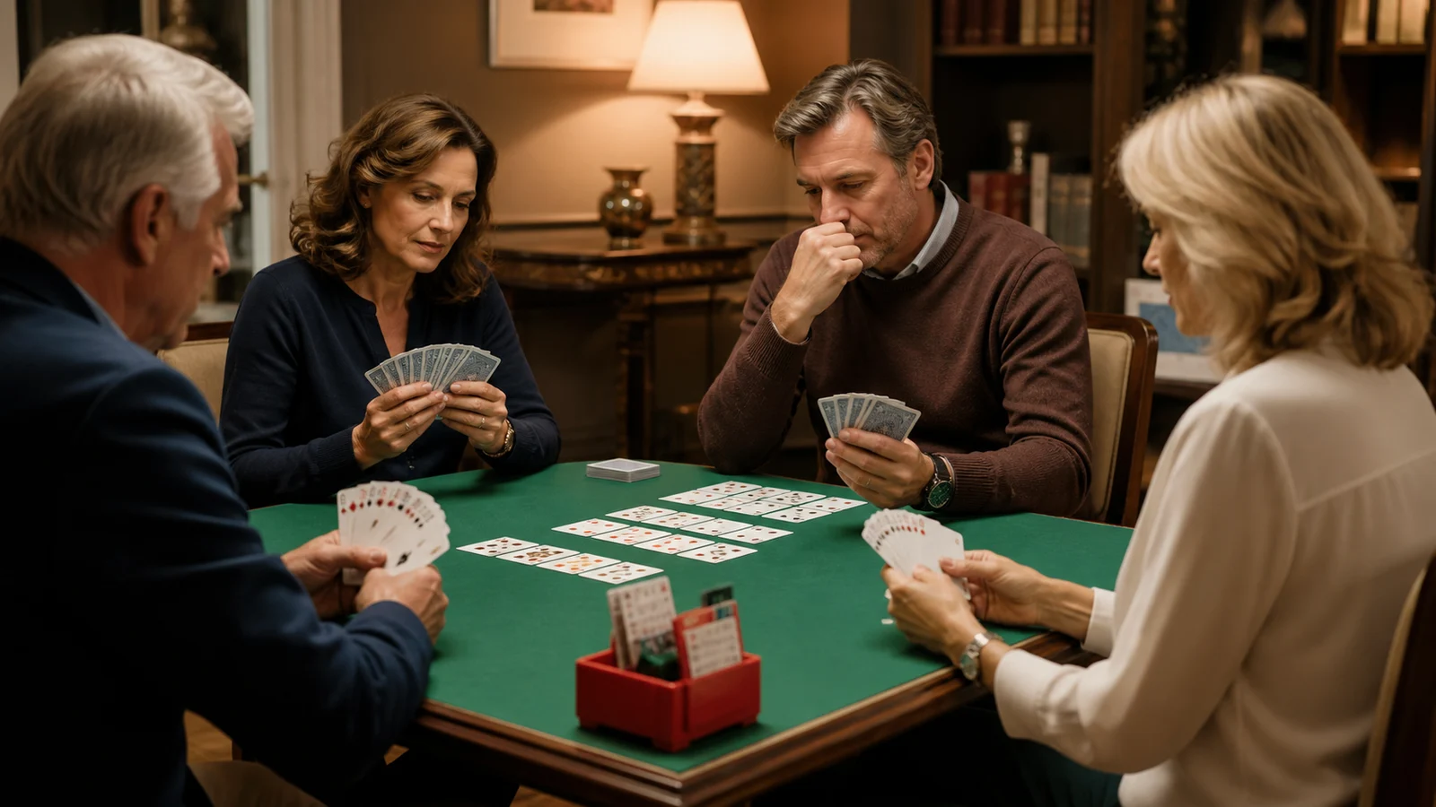 quatre joueurs concentrés autour d’une table de bridge
