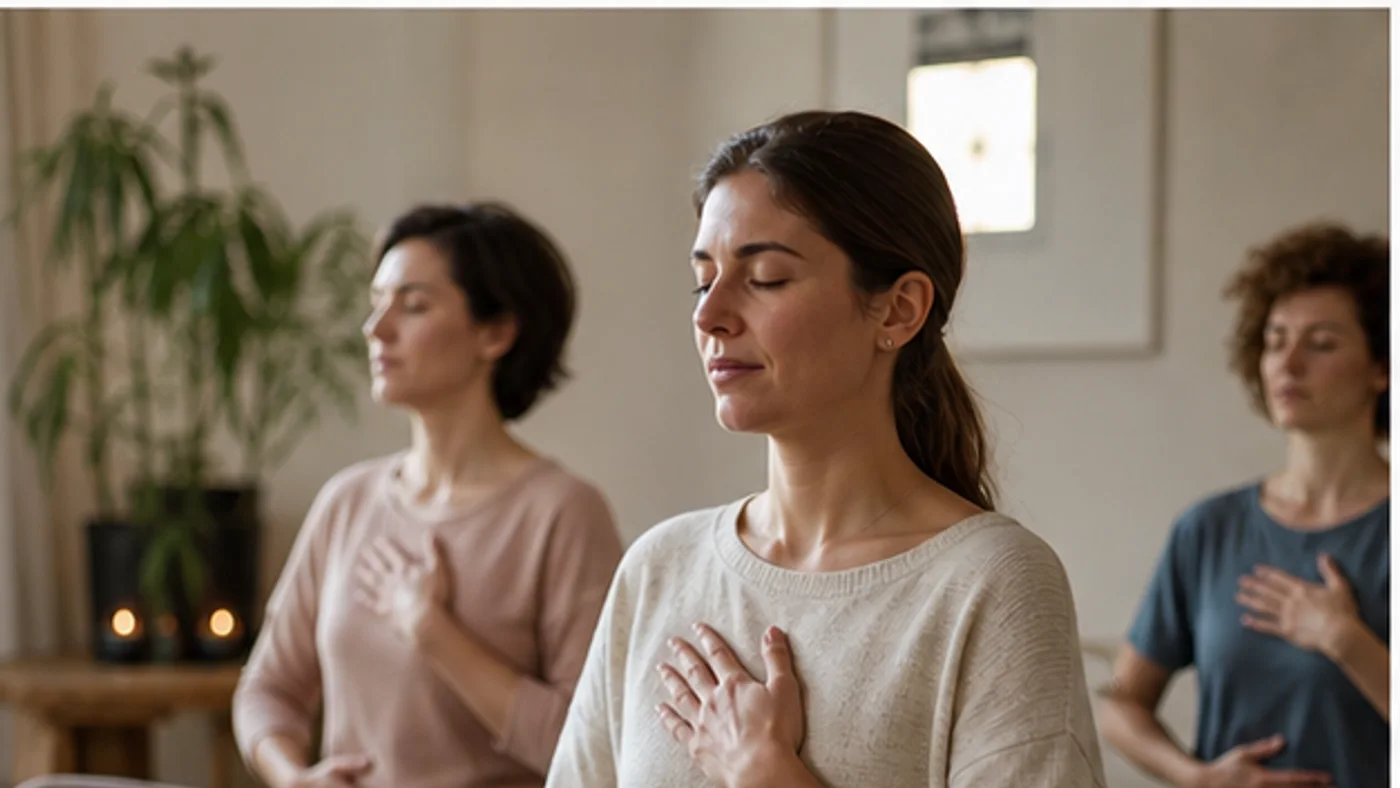 groupe pratiquant un exercice de respiration assis