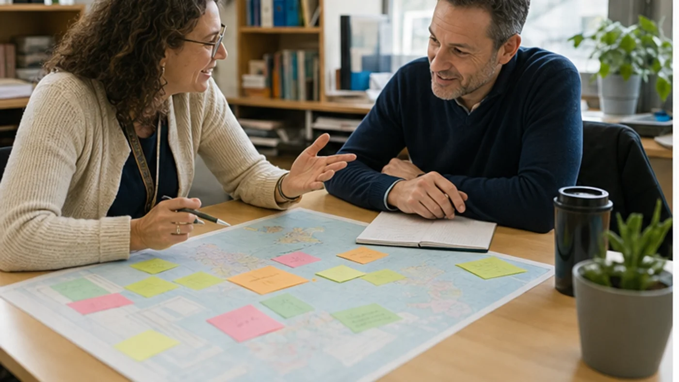 enseignants préparant un projet d’échange culturel avec une carte