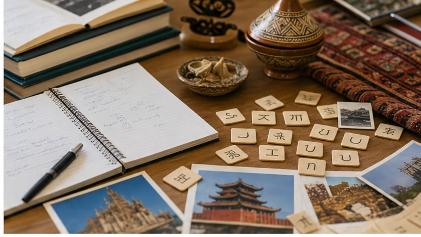 livres carnets objets culturels et tuiles de lettres sur une table
