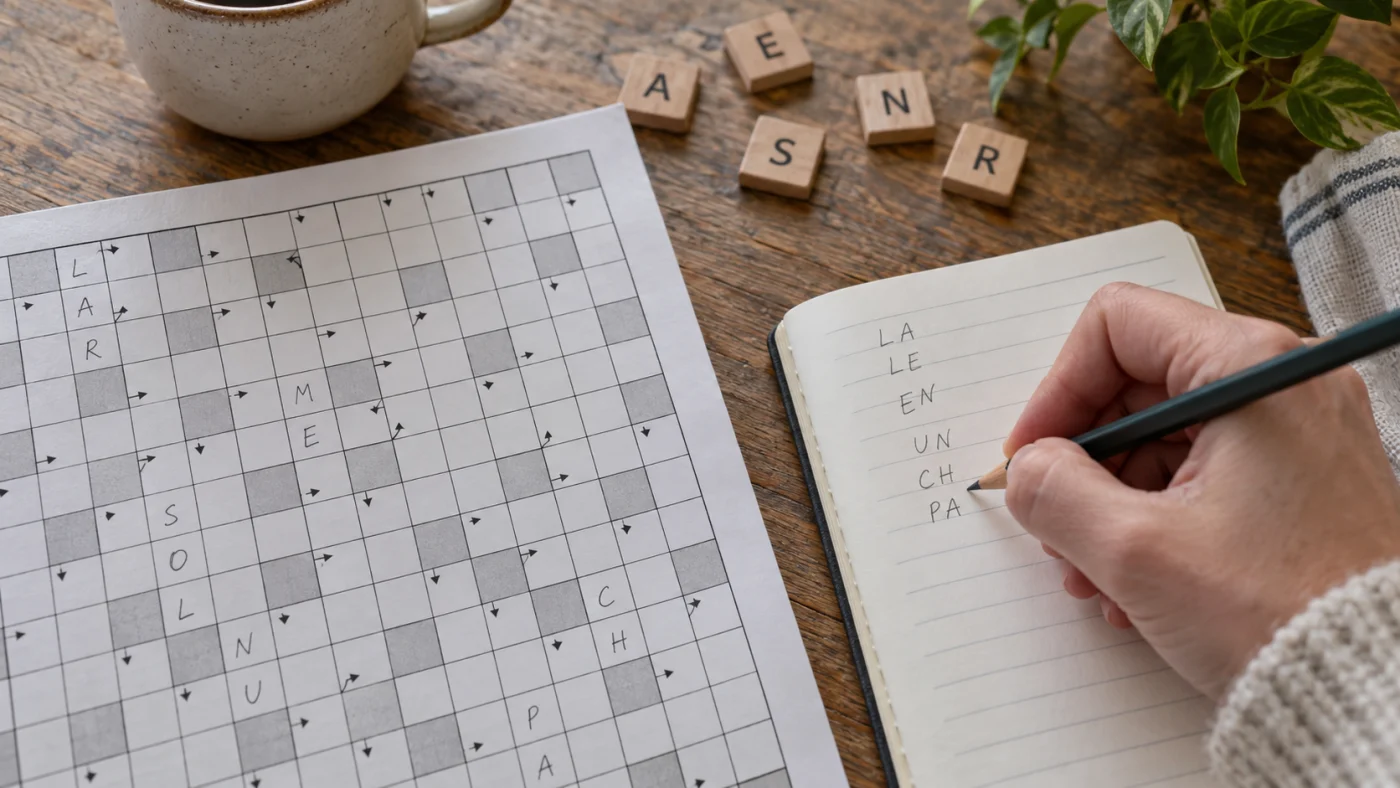 Joueur comparant une grille de mots fléchés et des lettres à placer sur un plateau de jeu