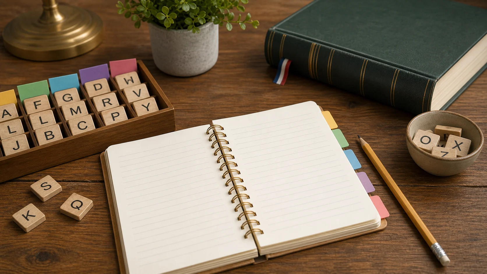 Carnet de vocabulaire, dictionnaire fermé et lettres en bois pour réviser des mots de jeux