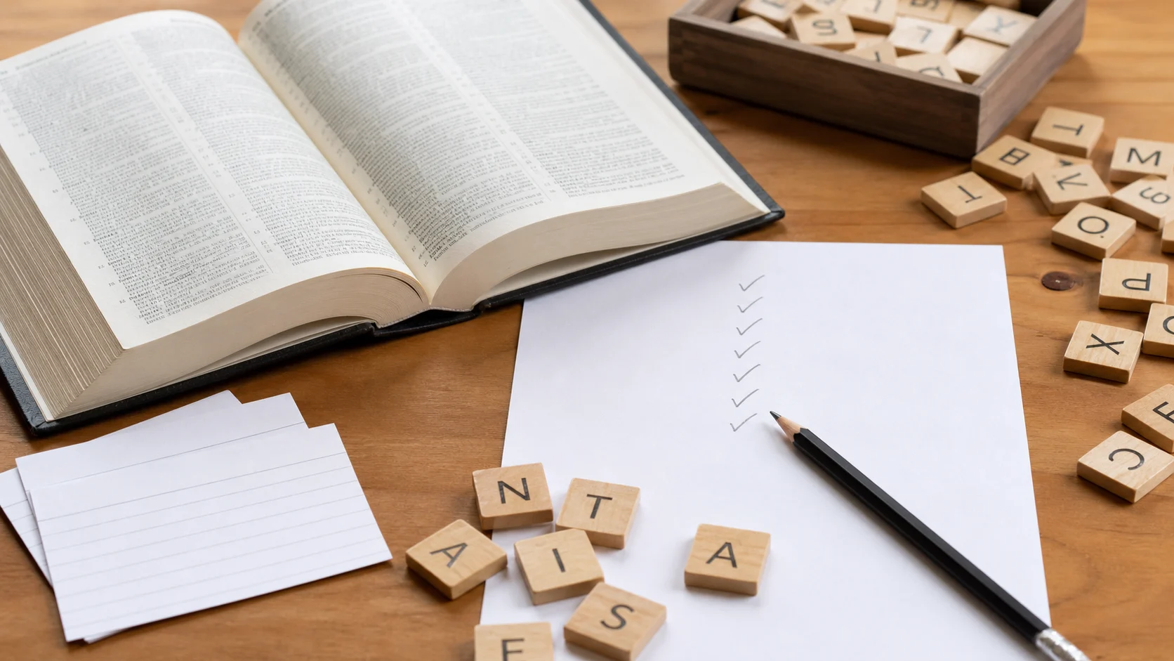 Dictionnaire ouvert, feuille de vérification et lettres en bois pour préparer une liste de mots