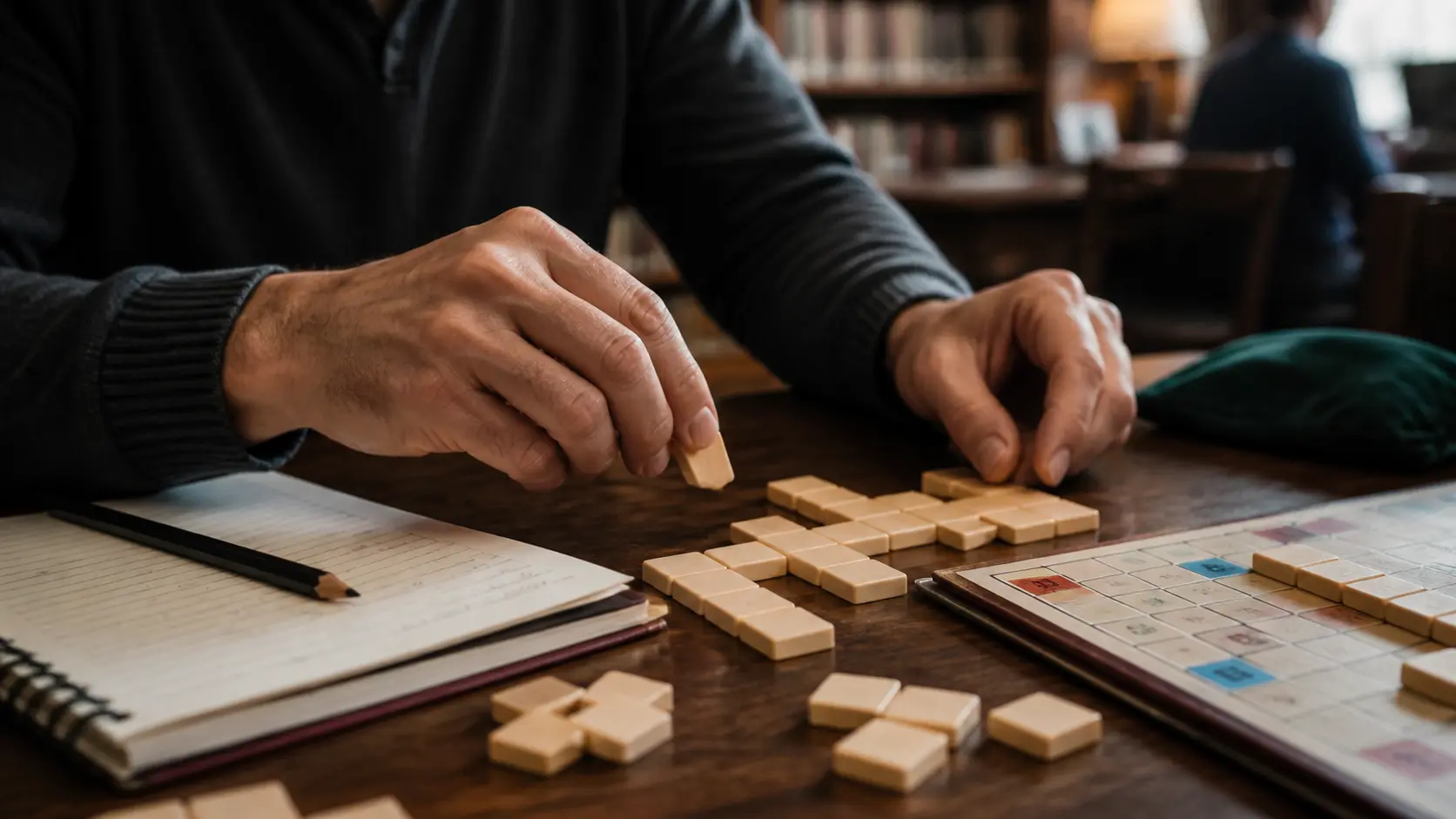 joueur préparant une stratégie avec des lettres en bois