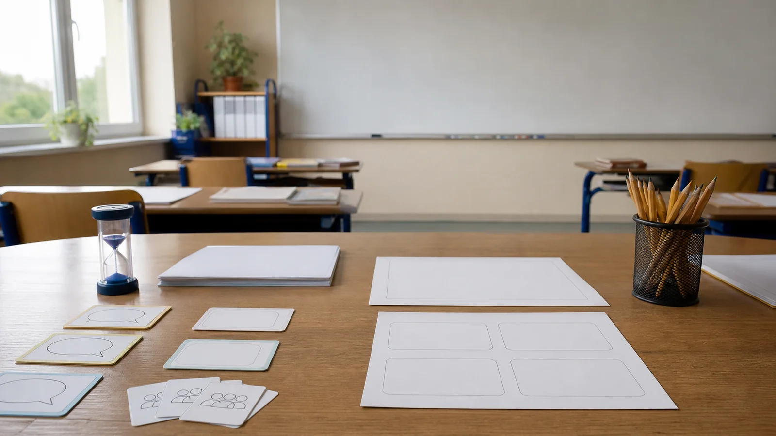 Materiel de jeu cooperatif prepare sur une table de classe
