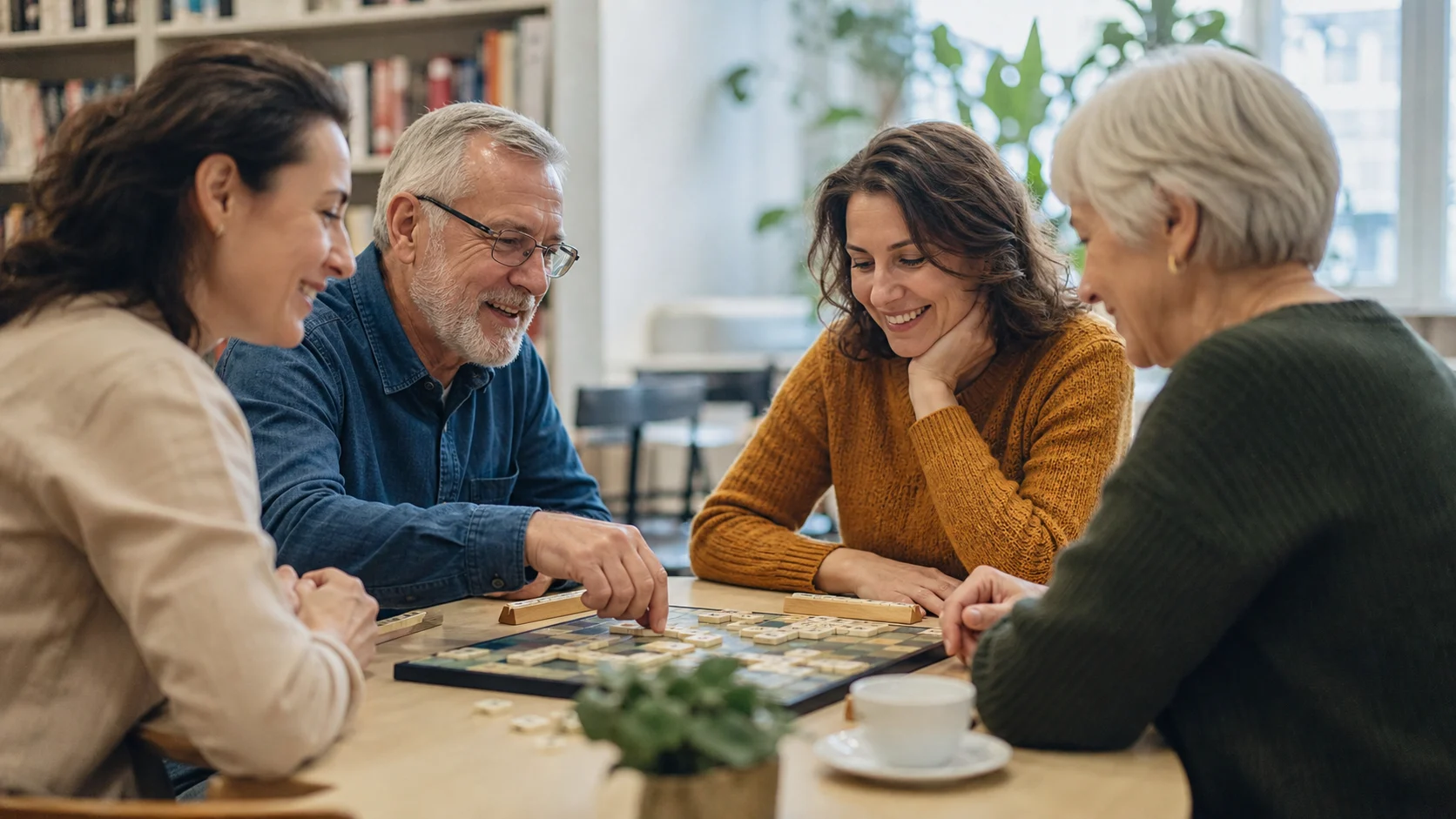 Adultes de plusieurs générations jouant à un jeu de lettres dans un lieu convivial