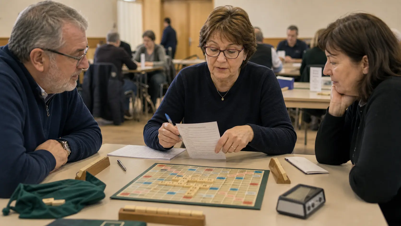 Organisatrice vérifiant une feuille de score pendant un tournoi de Scrabble