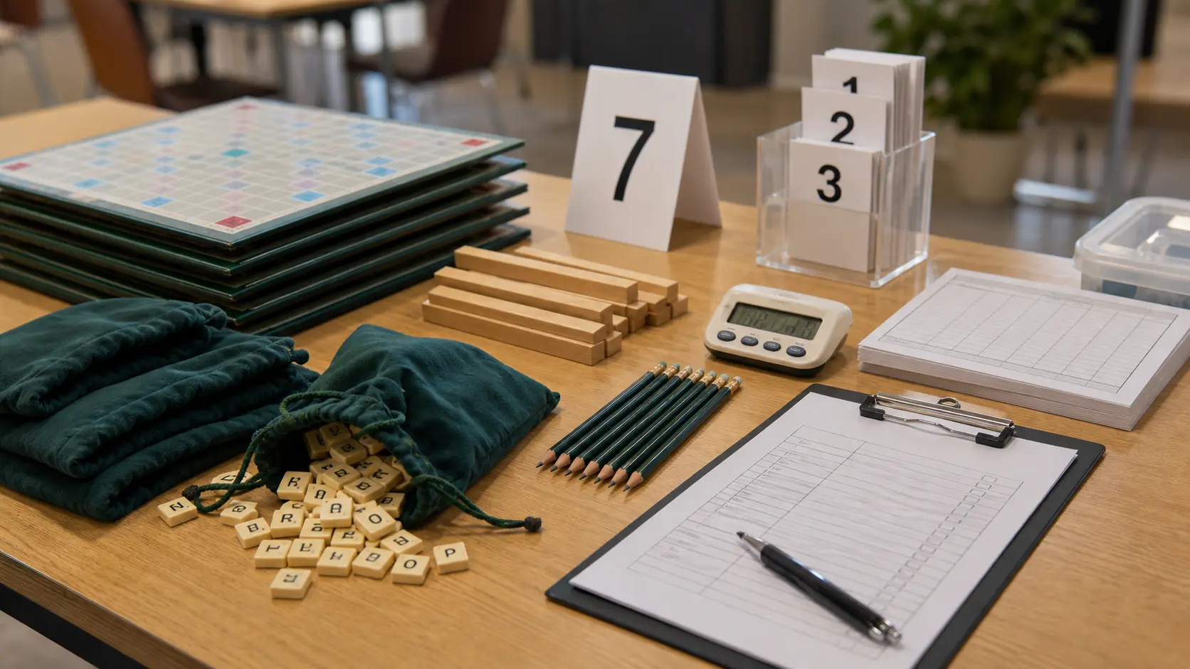 Matériel préparé pour un tournoi de Scrabble avec plateaux, lettres, feuilles de score et numéros de table