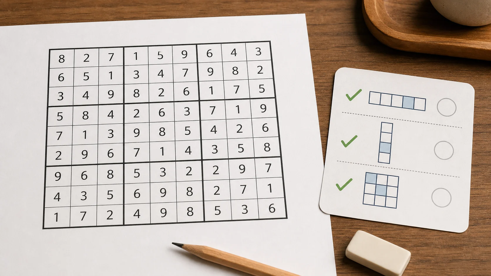 grille de sudoku presque terminée avec fiche de vérification