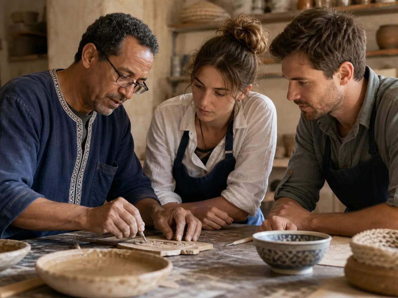 Atelier culturel ou un artisan local guide des volontaires