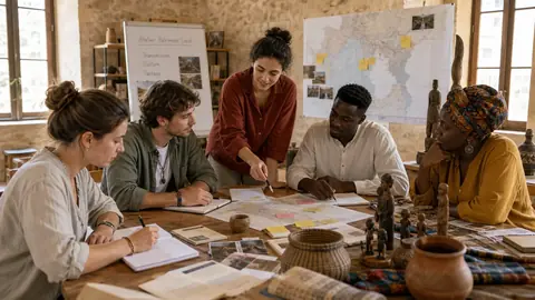 Volontaires et mediateurs locaux preparant un atelier culturel communautaire