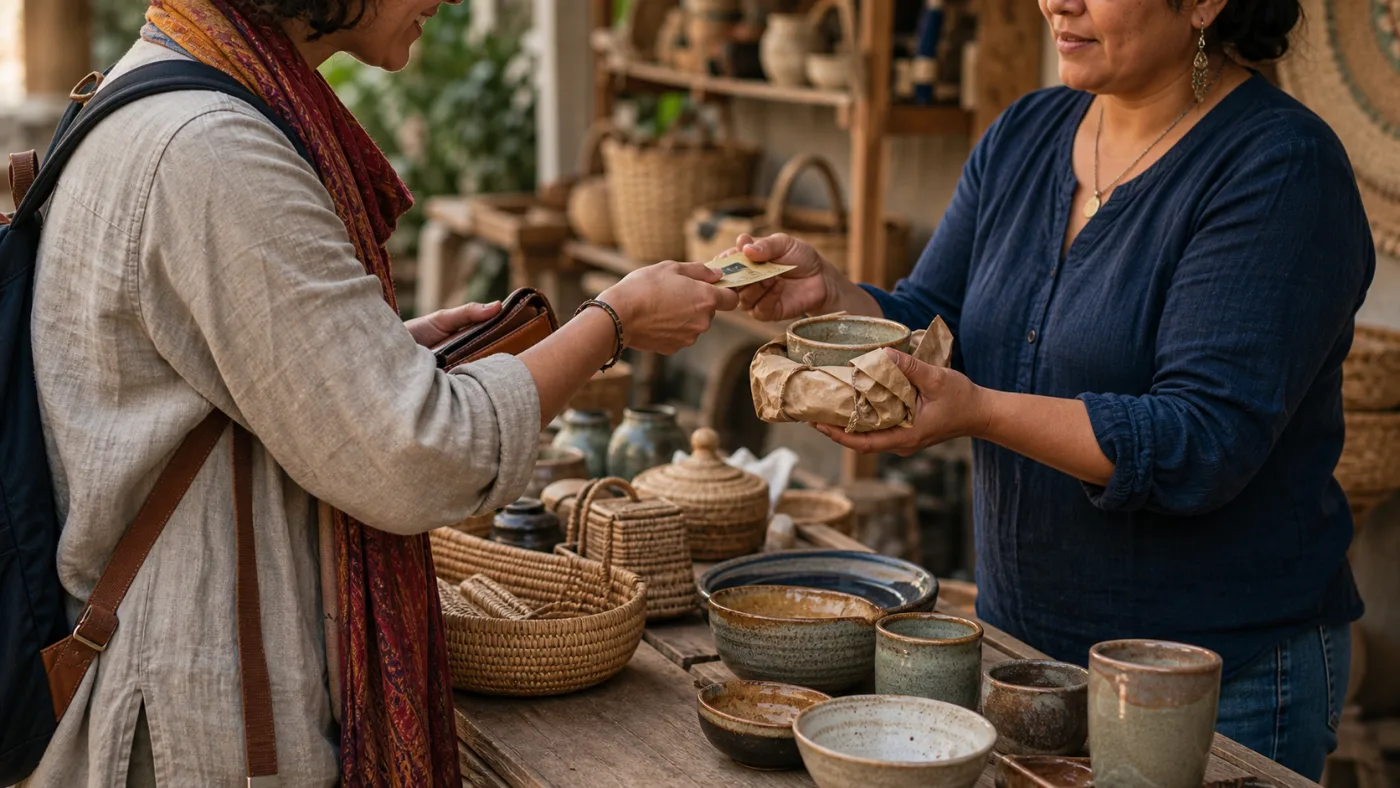 Paiement direct d’un objet artisanal local pendant un voyage responsable