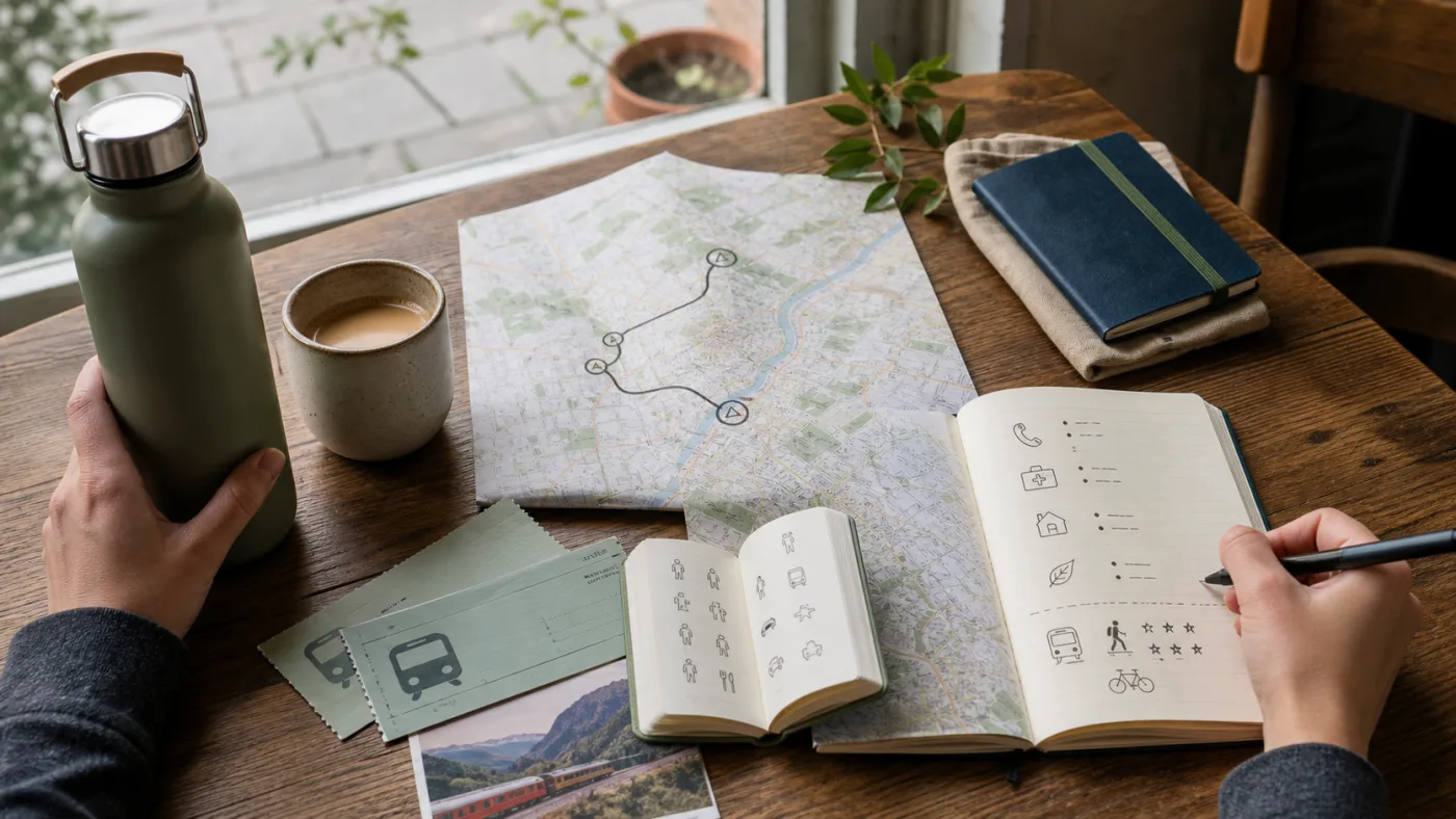 Table de préparation avec carte, carnet, gourde et itinéraire en train pour un voyage durable